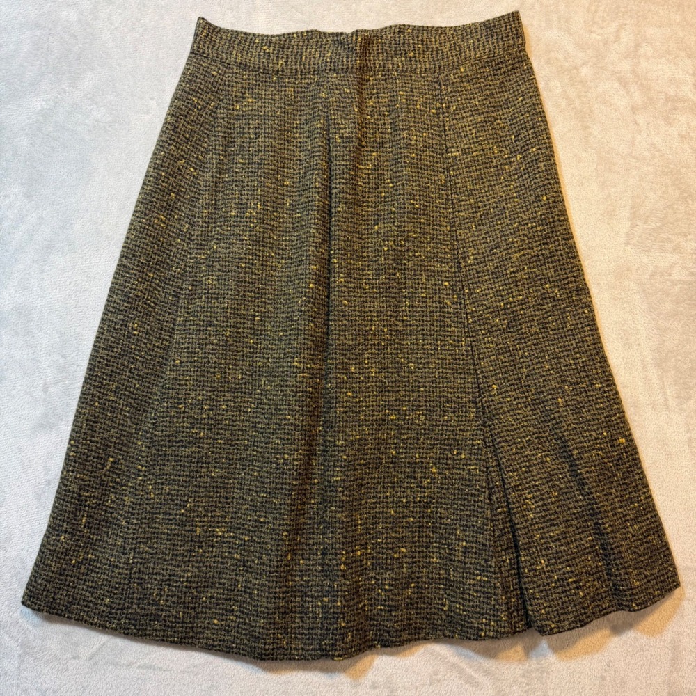 Vintage 70s Olive Green Tweed A-Line Midi Skirt‎ High Waist Academic Flecked 29w
